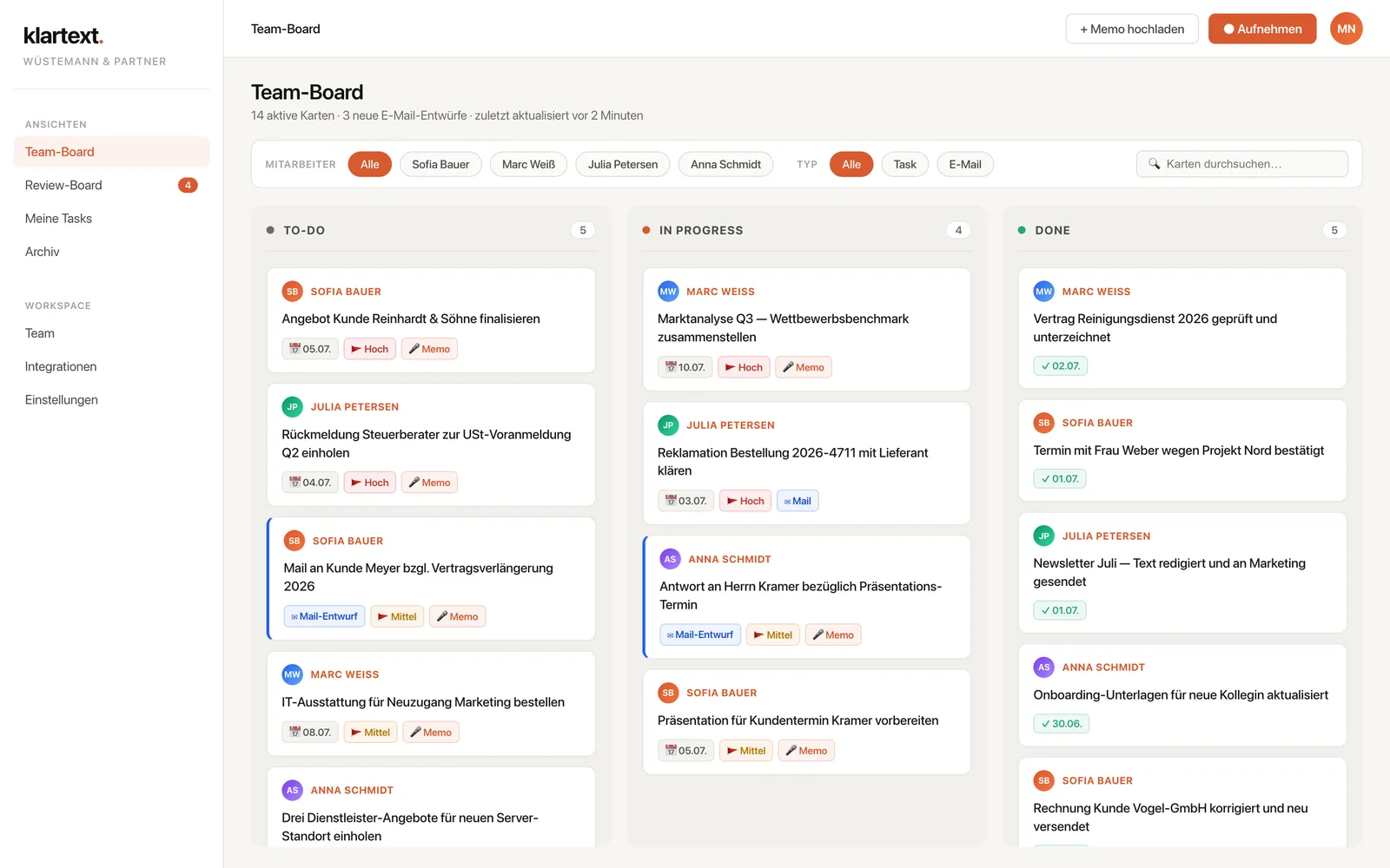 Klartext Team-Board mit Kanban-Spalten