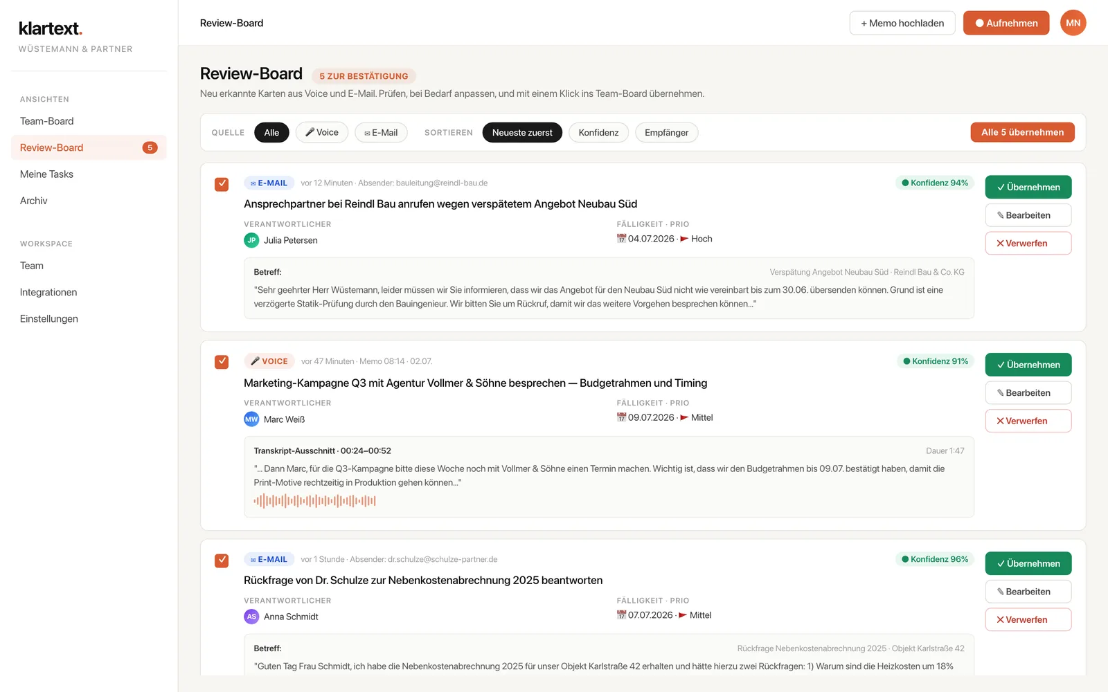 Klartext Review-Board mit neu erkannten Karten